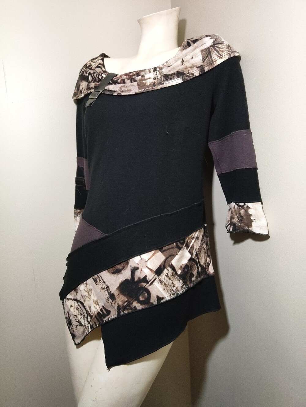 Bali Mixed Media Asymmetrical Tunic Top Black Abstract Faux Leather Trim M - Picture 3 of 12